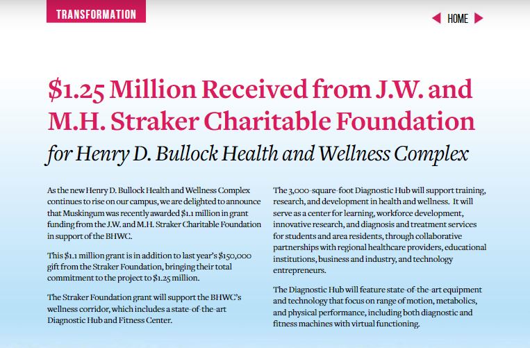 $1.25 Million Received from J.W. and M.H. Straker Charitable Foundation.
